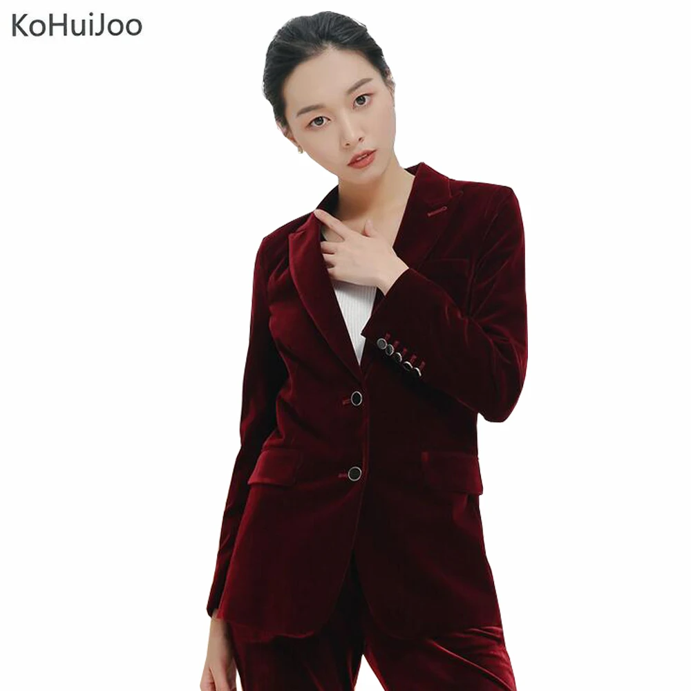KoHuiJoo Green Black Wine Red Velvet Blazer Women Spring Single Breasted Button Velvet Jacket Plus Siz Elegant Lady Suit Jackets