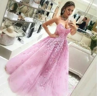 2020 elegant long pink prom dresses sweetheart sleeveless lace appliques floor length tulle a line evening party formal custom