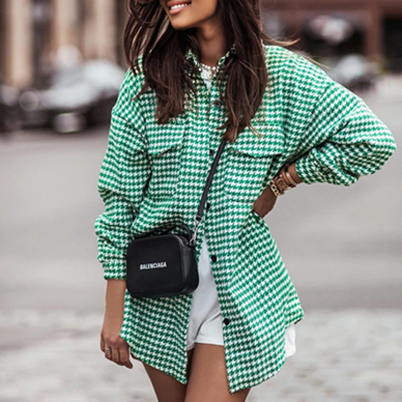 

2021 Autumn Houndstooth Printed Jacket Cardigan Women Elegant Turn-down Collar Button Long Top Spring Long Sleeve Coat Outerwear