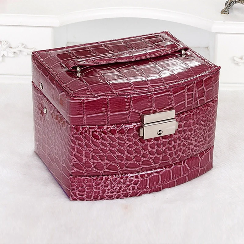 

2 Pcs Automatic Leather Jewelry Box Three-Layer Storage Box for Women Earring Cosmetic Organizer Casket(Purple &Red)