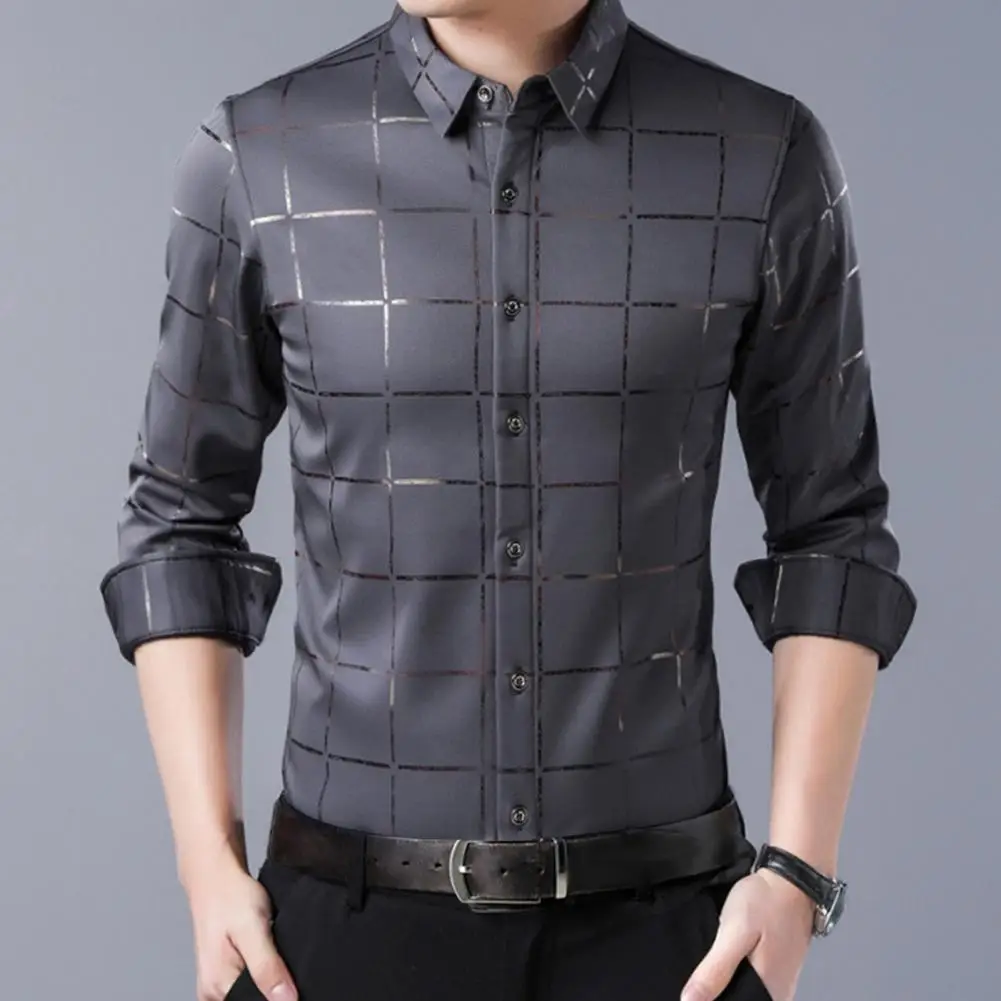 

Men Dress Shirt Large Plaid Satin Surface Casual Non-iron Turndown Collar Single-breasted Shirt for Business