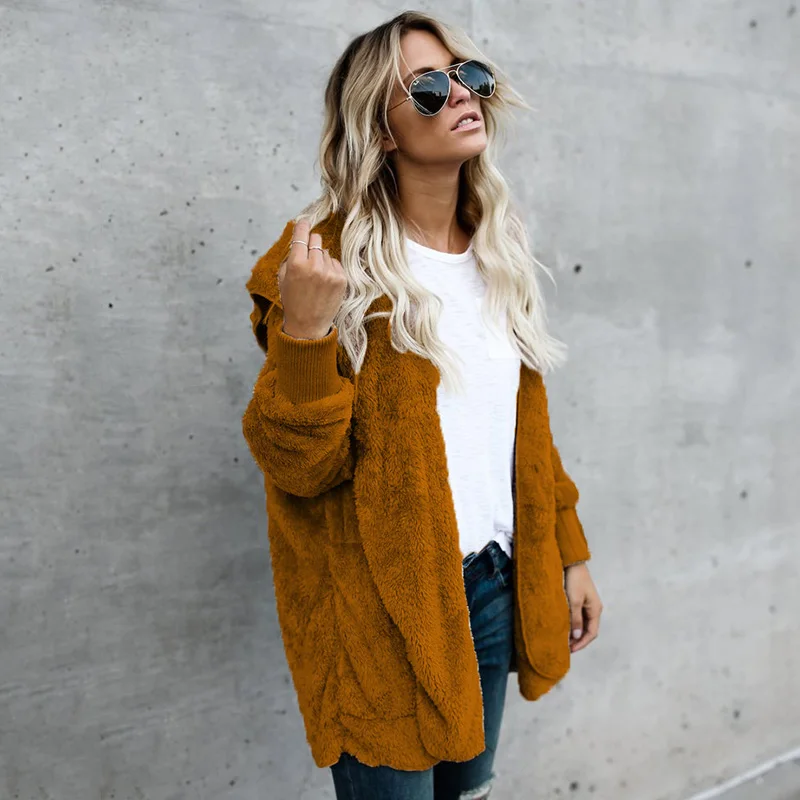 

Mid-length Hooded Two-sided Faux Fur Coat Solid Color Women Outwear Winter Fashion Design Long Sleeve Loose Streetwear Jacket