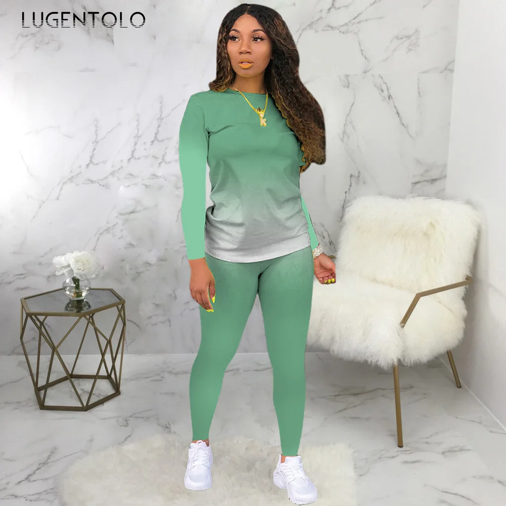 

Lugentolo Women Pajama Sets Gradient Autumn Long Sleeve Long Pants Casual O-neck Tops Female Simple Two Piece Pajama 5XL