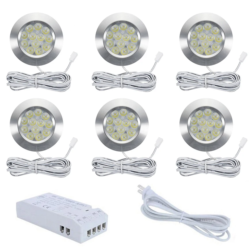 

6Pcs Ultra-Thin Recessed LED Under Cabinet Lights Kit with 18W Integrated Power Supply Aluminum LED Puck Lamps LED Spotlight