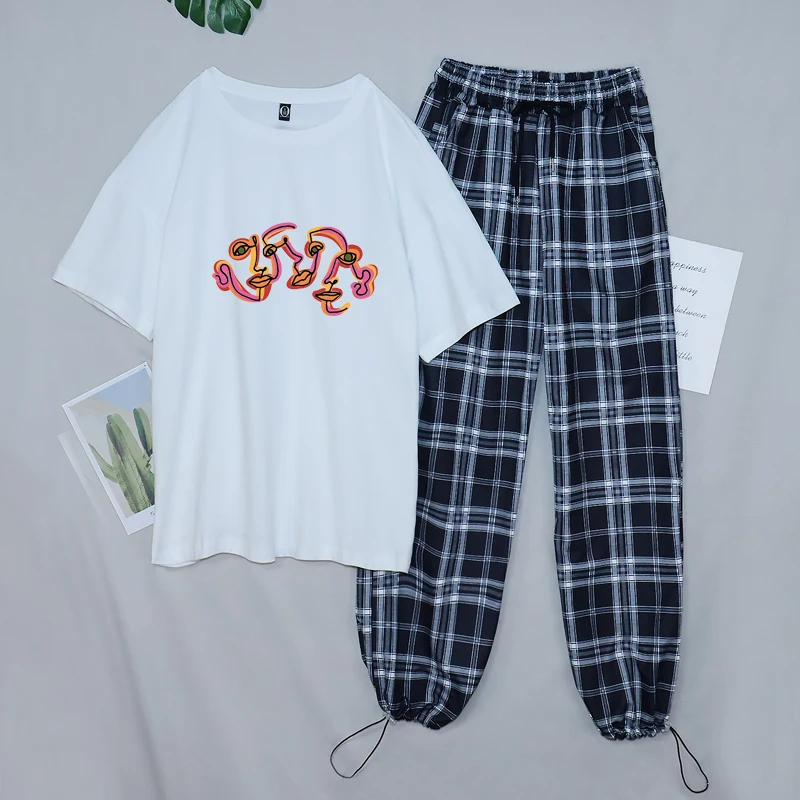 

Brief Sets Two Piece Suit Women Plaid Pants Women Wide Leg Loose Trousers for Women Ensemble Femme Aesthetic Art Printed T-shirt