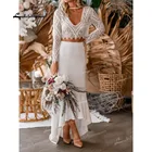 Пляжное свадебное платье в стиле бохо из двух частей, кружевной топ с иллюзией и мягкая юбка с V-образным вырезом, длинным рукавом и боковой молнией