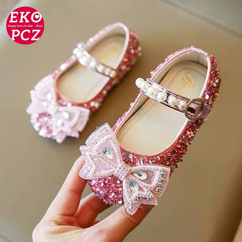 

EKOPCZ Butterfiy Knot Girls Shoes Pink Silver Kids Princess Shoes Rhinestone Wedding Shoes Leather Toddler Children Shoes 21-35