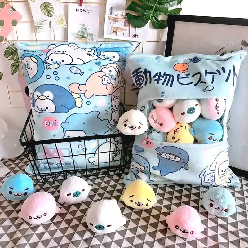 

8 pcs small plush sea lion toy in a bag pillow pudding stuffed soft sea animal doll whale toy for children girl birthday gift