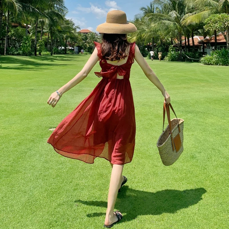 

Runway 2021 Vintage Party Dresses Boho Midi Burgundy Women Straps Dress Summer Backless Elegant Tropical Vacation Beach Sundress