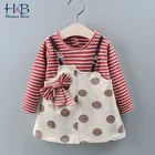 Осеннее платье Humor Bear для новорожденных, новинка, платье с длинным рукавом для девочек, платье в полоску в горошек с имитацией двух частей и бантом для малышей, детское платье