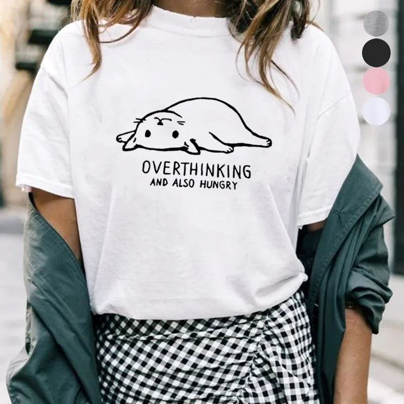 

100% Cotton T Shirt Overthinking Also Hungry Letter Print Women Short Sleeve O Neck Loose Tshirt Summer Causal Tee Shirt Tops