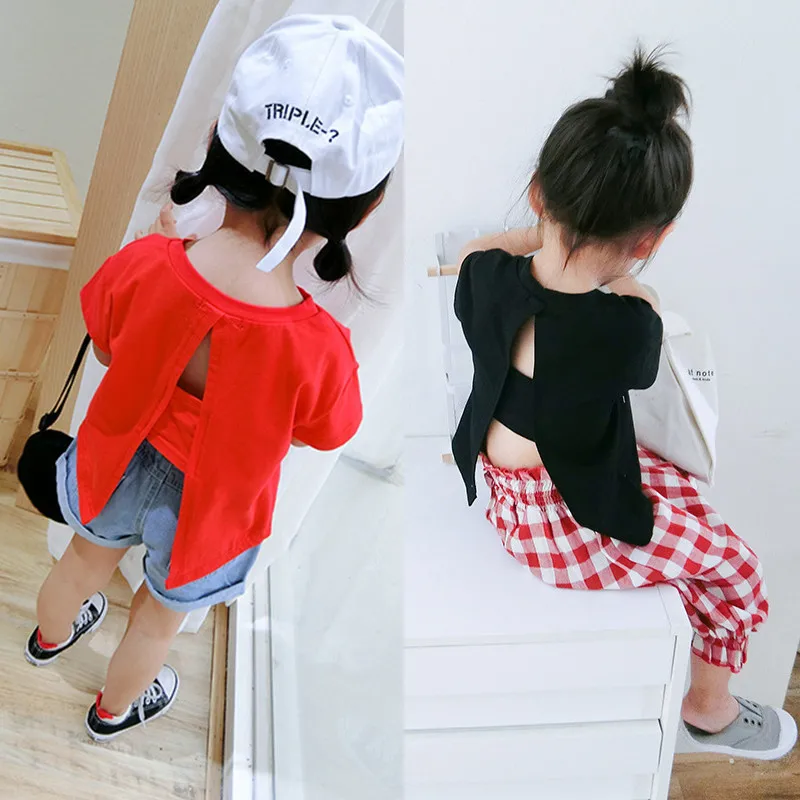 

Baby Girl Summer Clothes Kids Cotton Short Sleeve T-shirt Girls O-neck Backless Tops Tee Children Fashion Clothing