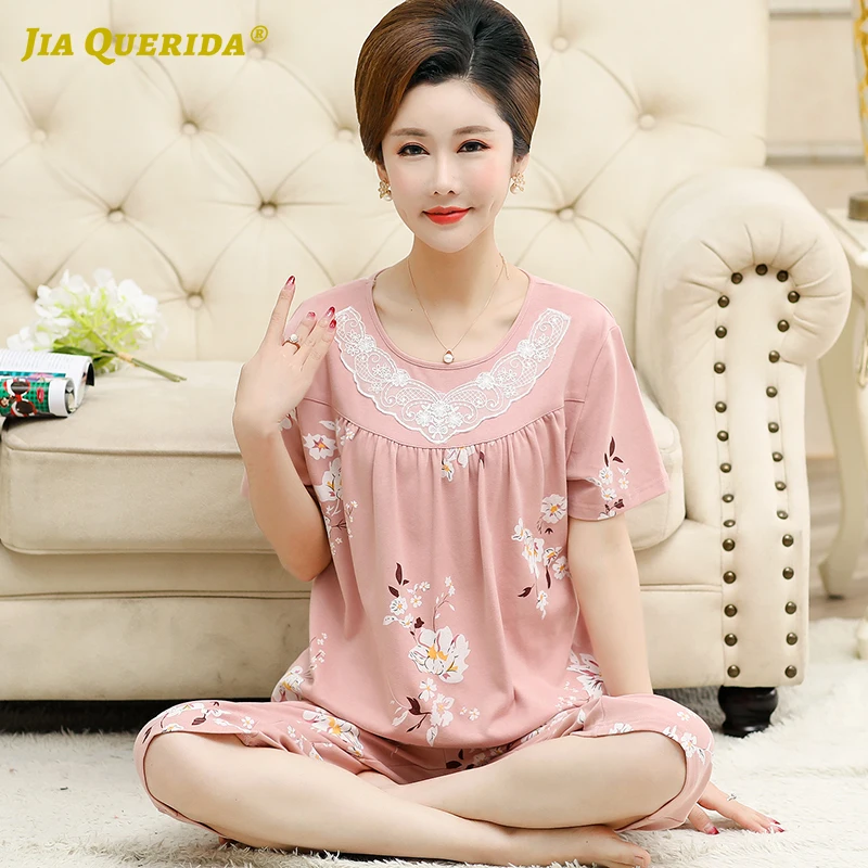 Розовый Пижамный комплект для женщин короткий рукав укороченные брюки круглый