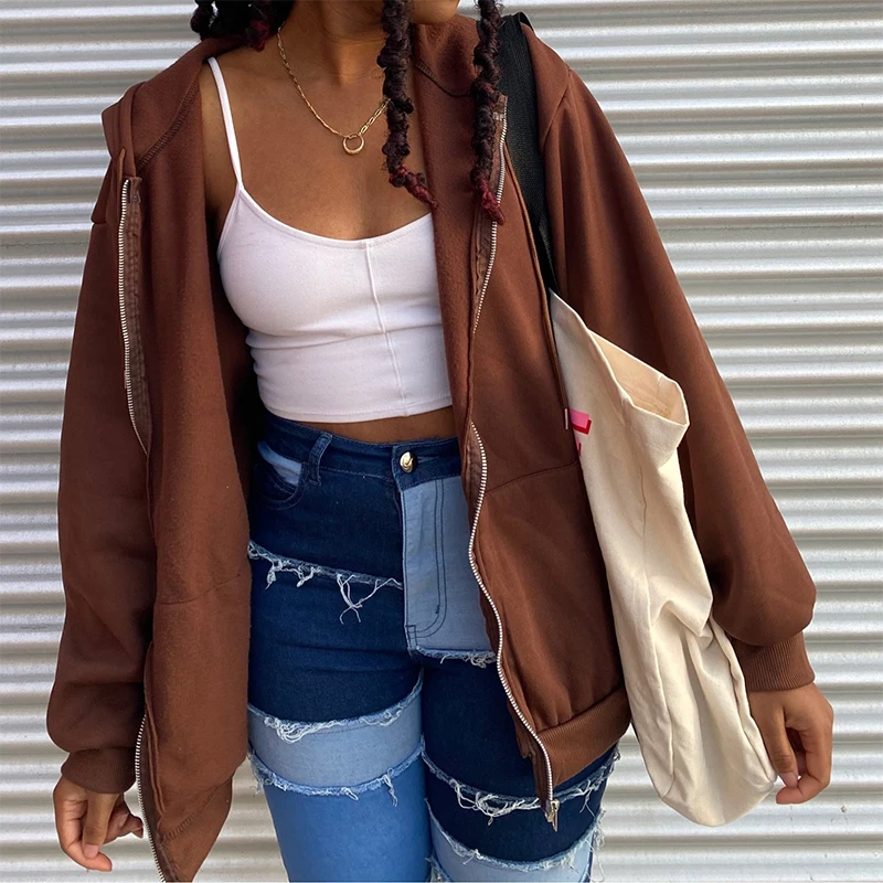Brown Sweatshirts For Women Korean Style Zip Up Jacket Clothes Long-Sleeved Oversized Hooded Coat Vintage Warm Pockets Hoodies