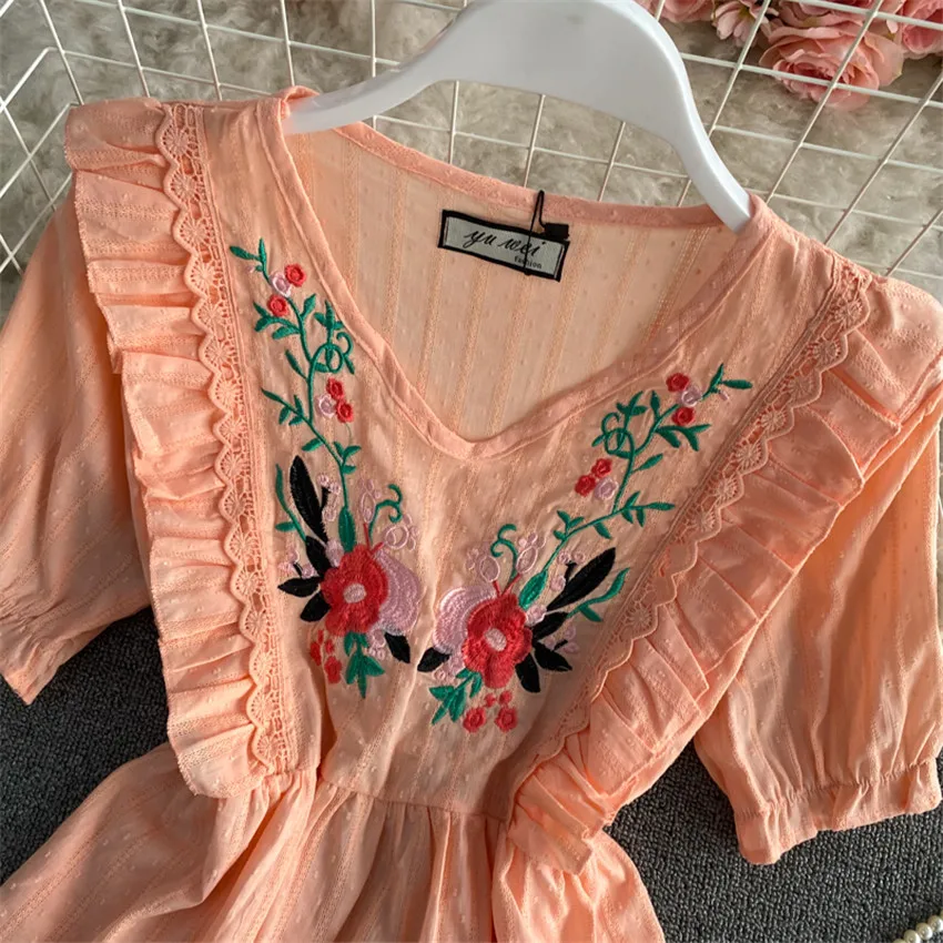

Summer T Shirt Women Short Sleeve Ruffle Floral Embroidery T-Shirt Female Boho Clothing Cotton T Shirt Female Fashion