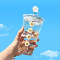 450ml glass water bottle with straw cartoon daisy straw cup leakproof portable drinking bottle with a sealing cap lid