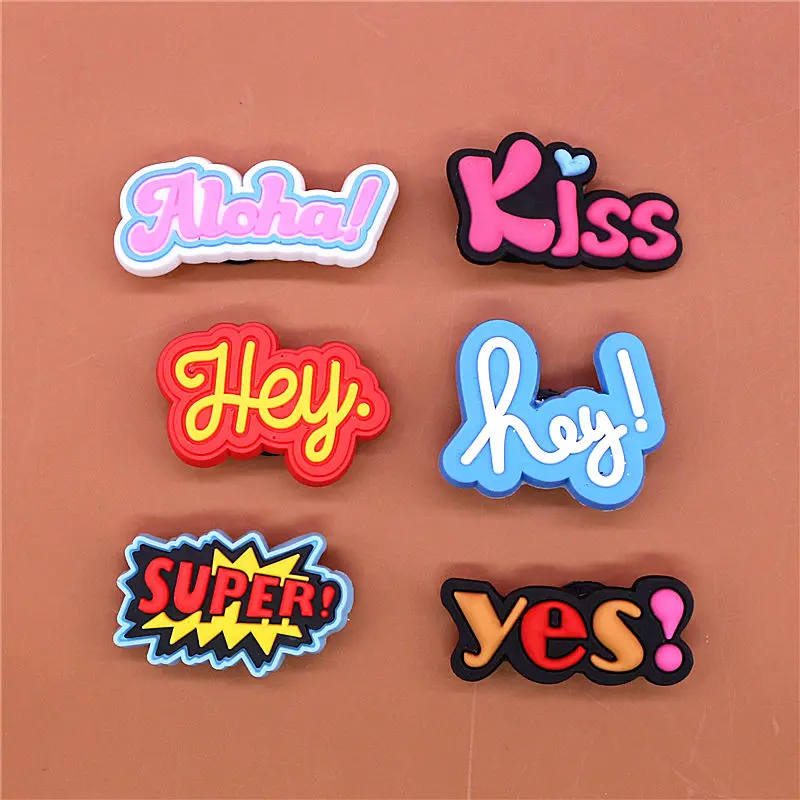 Crock Charms Accessories Custom Cartoon PVC Shoe Croc Buttons Sandals Charm Decoration Hey Super Yes Kiss Aloha Free Shipping