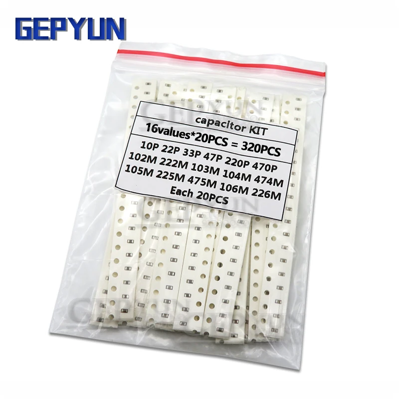 

16values*20pcs=320pcs 0603 0805 1206 SMD Capacitor assorted kit component diy Gepyun samples kit