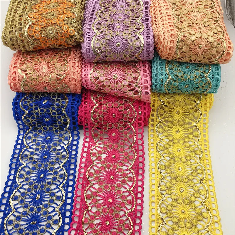 10 ярдов винтажная Золотая желтая и ярко-розовая вышитая кружевная ткань с