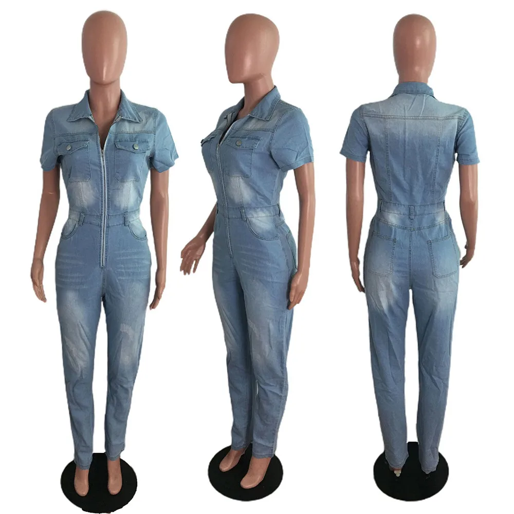 

S-3XL Plus Size Zipper Front Short Sleeve Denim Romper Summer Clothing for Women Turn Down Collar Washed Bandage Pencil Overall