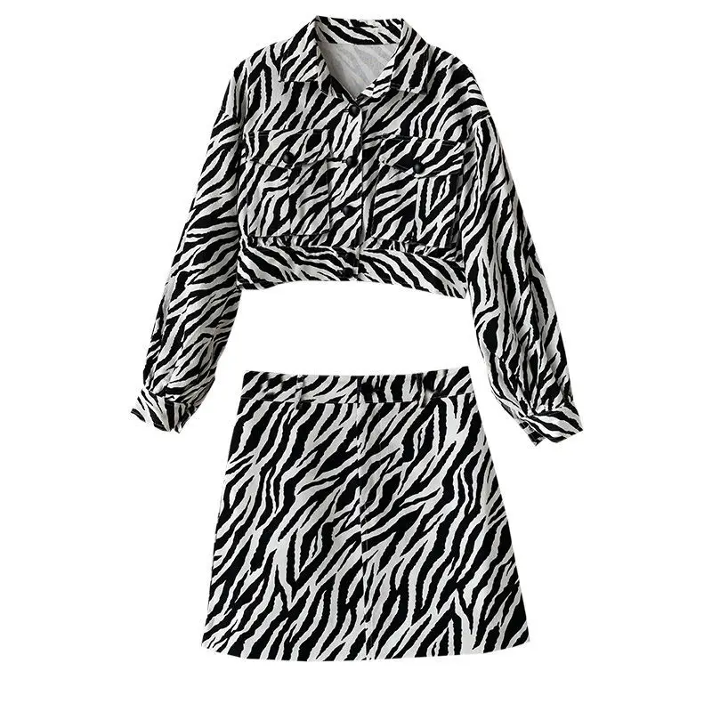 

Autumn New Korean Fashion Suit Long Sleeve Zebra- Stripe Shirt + Bag Hip Skirt High Waist A- line Dress Two - Piece Set