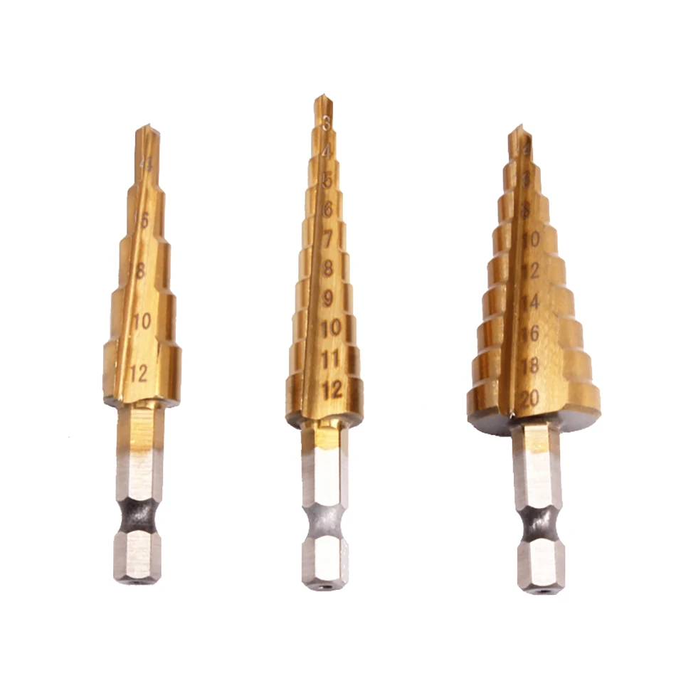 

Набор ступенчатых Сверл из быстрорежущей стали с прямым пазом, 3 шт., 3-12 мм, 4-12 мм, 4-20 мм, набор корончатых Сверл с титановым покрытием для дере...