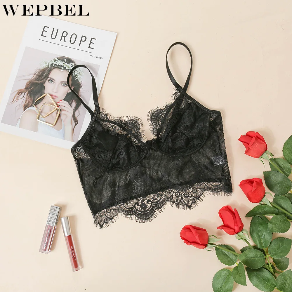 

WEPBEL Women Sexy Lace Patchwork Hollow Out Strap Crop Top Shirt Ladies Elegant Halter See Through Short Bottoming T-shirt
