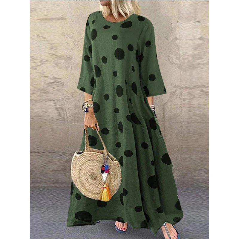 Осенне-зимние женские платья boho, хлопковое льняное платье большого размера, длинное платье макси с принтом в горошек размера плюс, Casaul Vestido