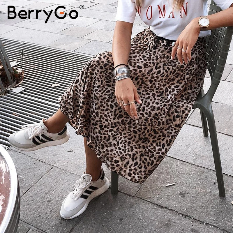 BerryGo, Ретро стиль, леопардовая расцветка, миди юбка, женская панк Корейская юбка, мода, сексуальная высокая талия, женские плиссированные Ретро осенние юбки