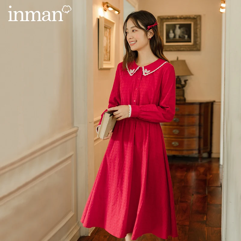 INMAN весенне-осеннее литературное Хлопковое платье с длинными рукавами и бантом