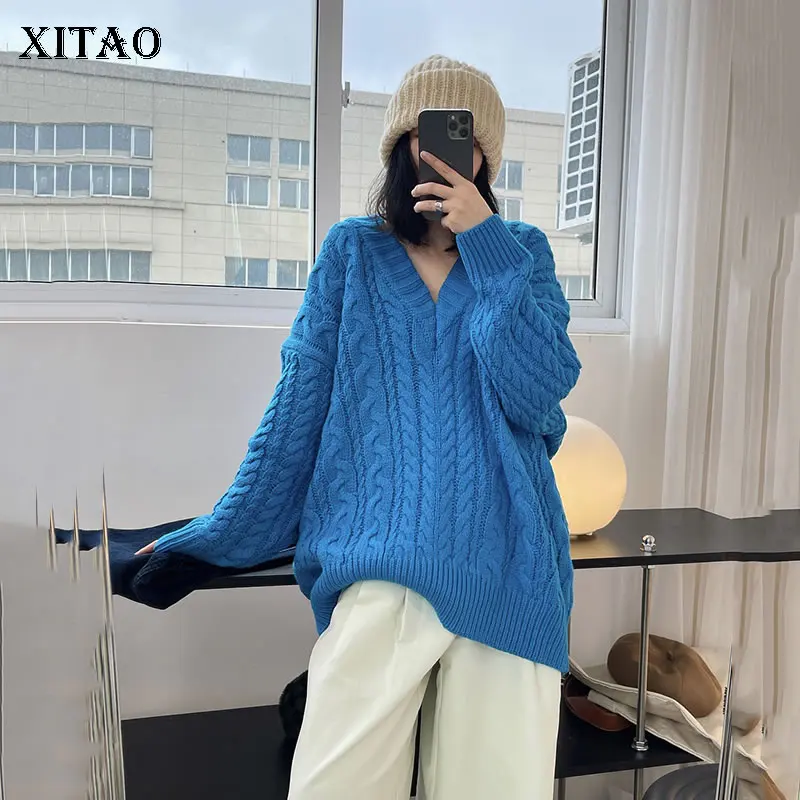 

XITAO, вязаный свитер с витым цветком, модный, новый, женский, с длинным рукавом, однотонный, богиня, веер, Повседневный, этнический свитер, WLD6557