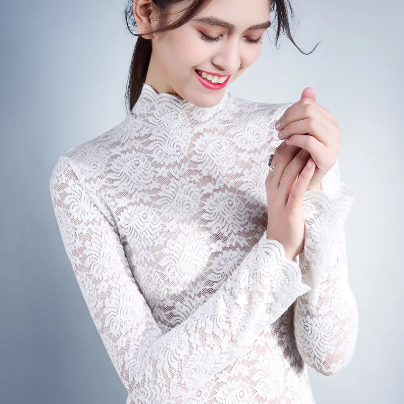 

New women's clothing in 2019 autumn and winter European lace base shirt women's sexy high collar with long sleeve foreign style