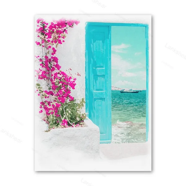 Акварель Арт холст картина синий ворота греческий остров Пляжный Пейзаж Плакат