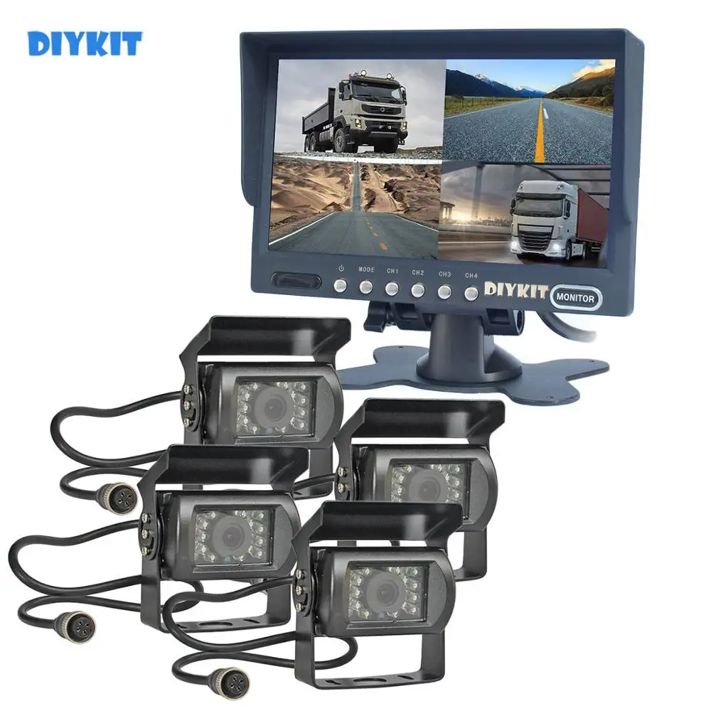 

Монитор заднего вида DIYKIT, экран 7 дюймов, 4 разделения, 4 CCD, ИК камера заднего вида, водонепроницаемая, для грузовиков и автобусов