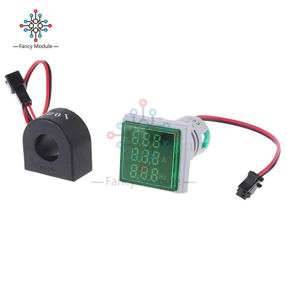 Square Green Diymore 22 мм квадратный/круглый светодиодный Вольтметр Амперметр Герц метр AC 50-500 В 0-100A 20-75 Гц Ампер Вольт Частотный индикатор с катушкой - Цвет: Square Green