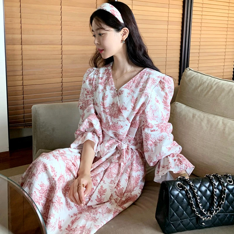 

Kimutomo French Retro Printed Dress Women Autumn Korean Chic V-neck Flare Sleeve Bow Lace Up Elegant Long Vestidos Femme