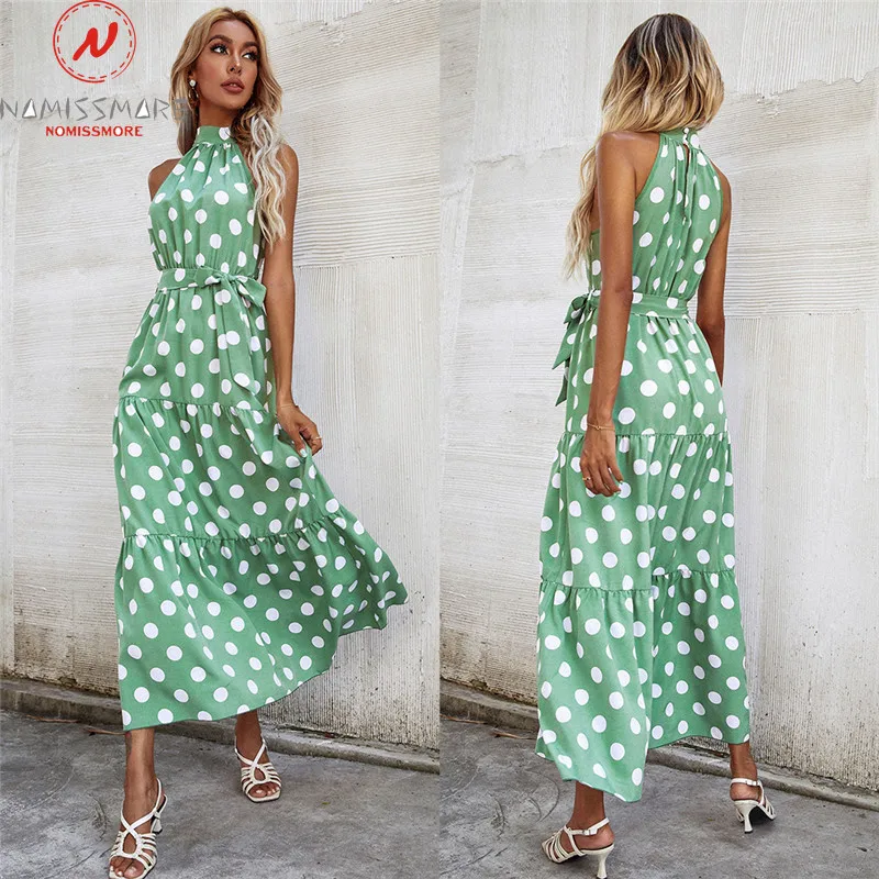 

Bohemian Women Summer A-Line Dress Hollow Out Design Bandage Decor O-Neck Sleeveless High Waist Polka Print Long Dress