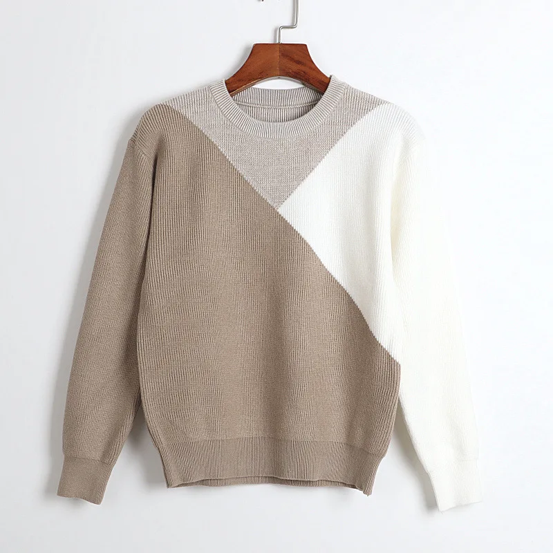 

Женский свитер с цветными вставками, модные весенние женские свитера и пуловеры, джемпер с круглым вырезом, вязаные топы, 2021