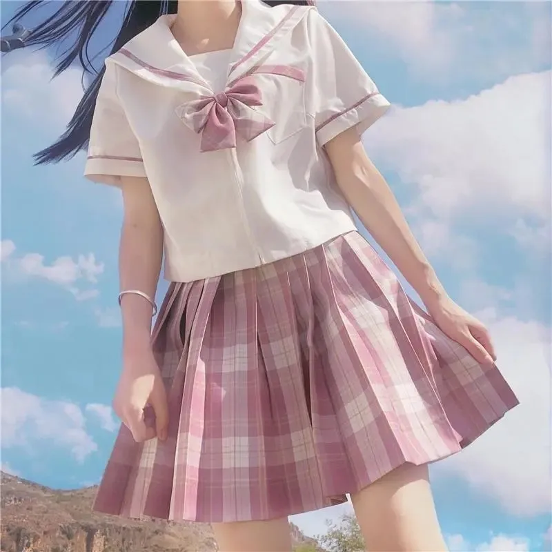 

Japanese JK Uniform Two Piece Set Women White Short Sleeve Shirts + Plaid Mini Skirt Preppy Style High Waist Skirts 2 Piece Set
