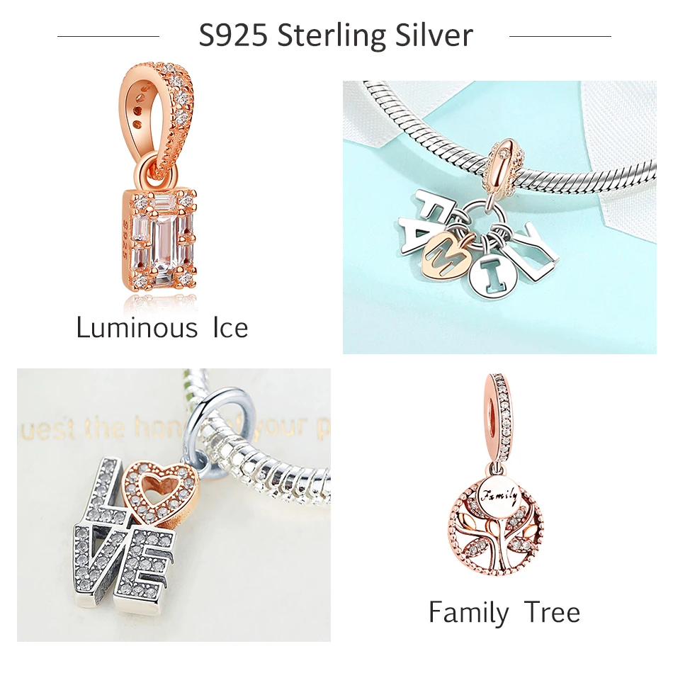 Подвески из серебра 925 пробы бусины шармы сердце семейное дерево розовое золото