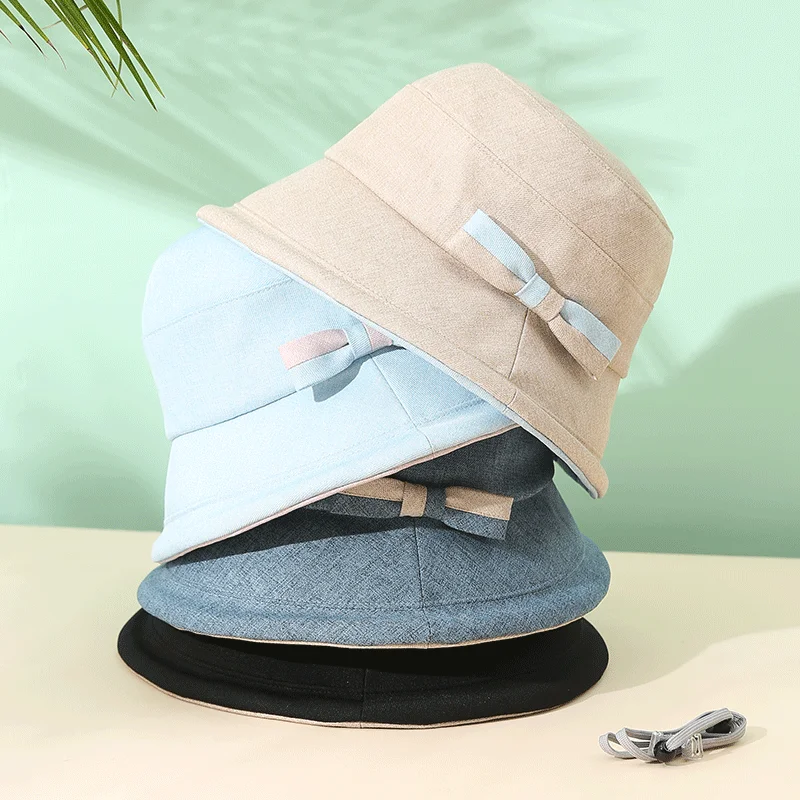 

[PTAH] Fashion New Bucket Hats Women's Anti-UV Cloth Cap Foldable Windproof Rope Beach Hats Breathable Sun Protection Cap Female