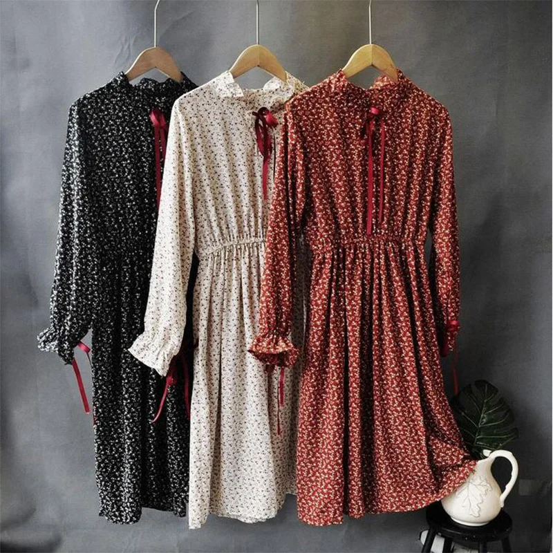 

Женское шифоновое платье с длинным рукавом и оборками, свободное платье с бантом на шее и цветочным рисунком, длинное платье с расклешенным...