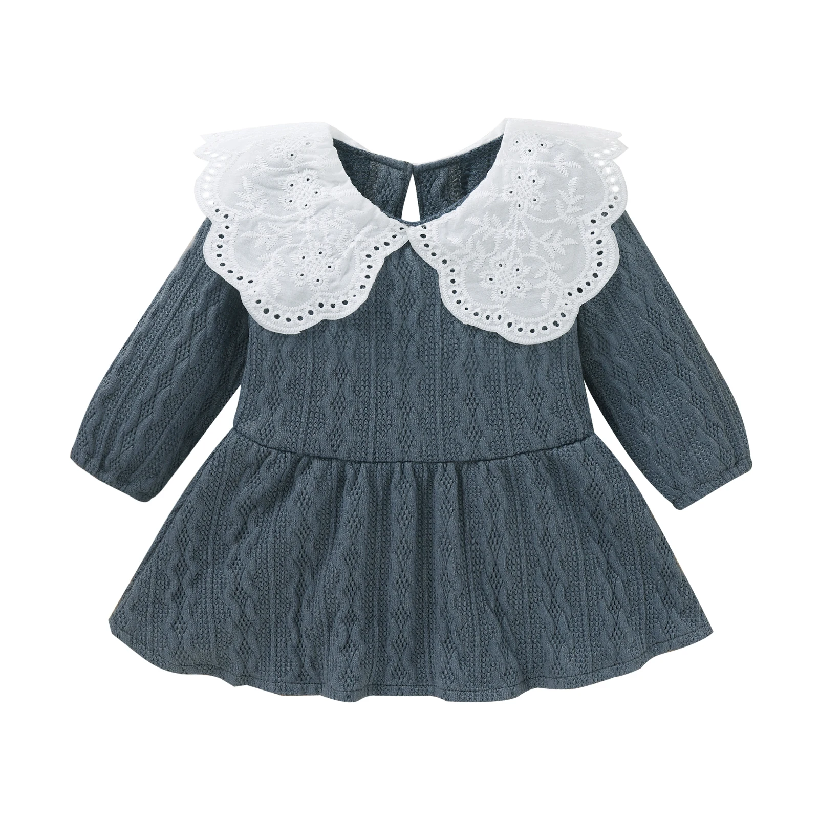 

Little Girl’s Casual Long Sleeve Dress Fashion Solid Color Doll Collar Knitted A-line Dress