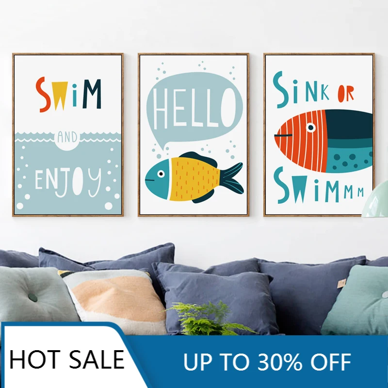 Simple Abstract Cartoon Ocean Fish English Wall Art Canvas Painting Poster Print Decor Picture Home Kids Room | Дом и сад