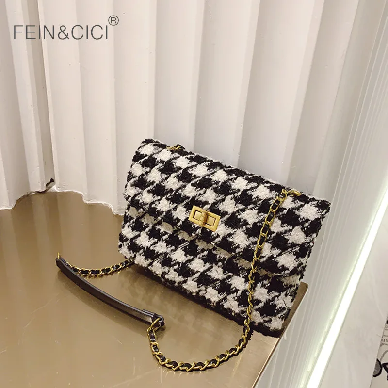 Женская холщовая сумка мессенджер с узором гусиная лапка зимняя цепочками Сумка