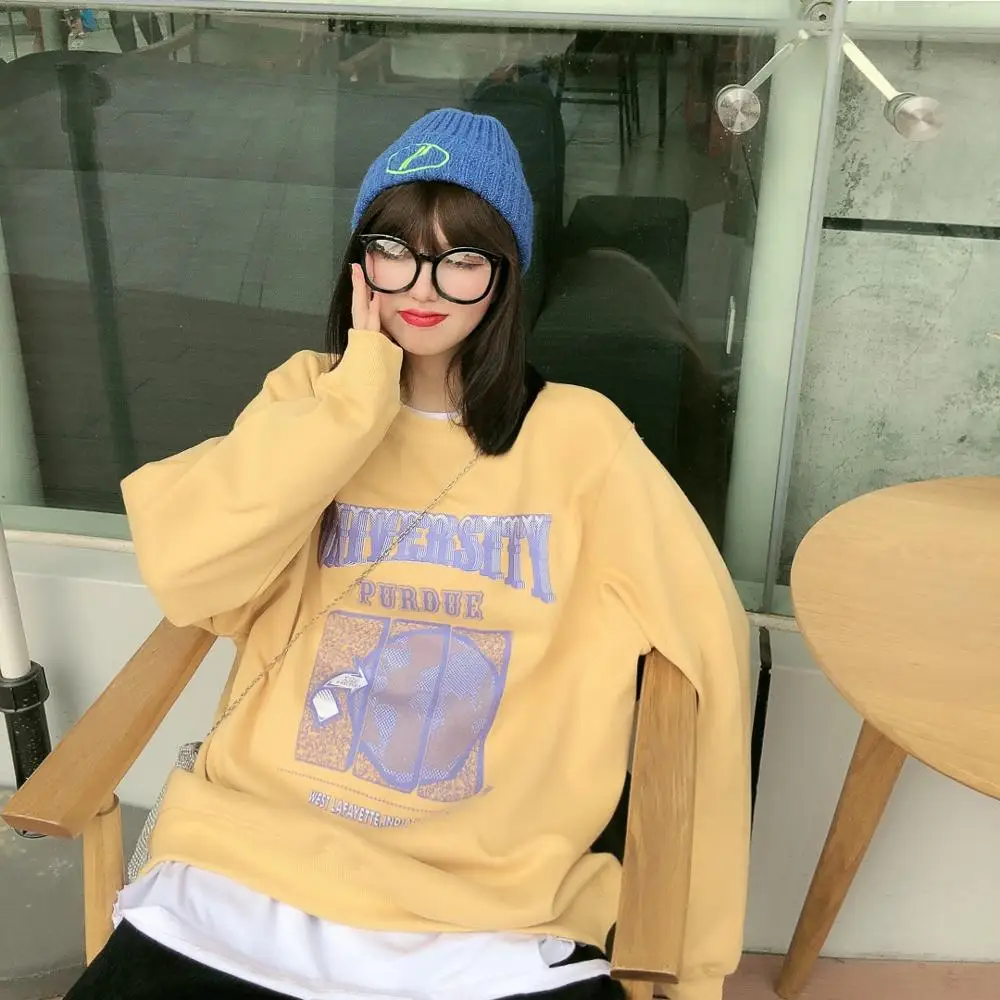 

Женский жасминовый пуловер с круглым вырезом, Новинка осени 2019, ретро, ленивый принт, худи в гонконгском стиле с длинным рукавом