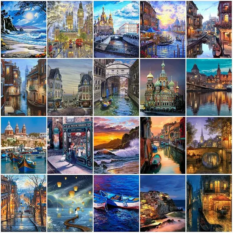 

Painting By Numbers Town Landscape HandPainted Wall Art Unique Gift DIY Frame pintura por números Building For Living Room