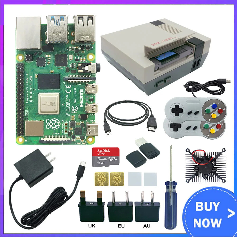 Raspberry Pi 4 NESPi4 чехол Комплект 2/4/8 ГБ + 32/64 Гб SD карта ридер Кабель Micro HDMI геймпады для