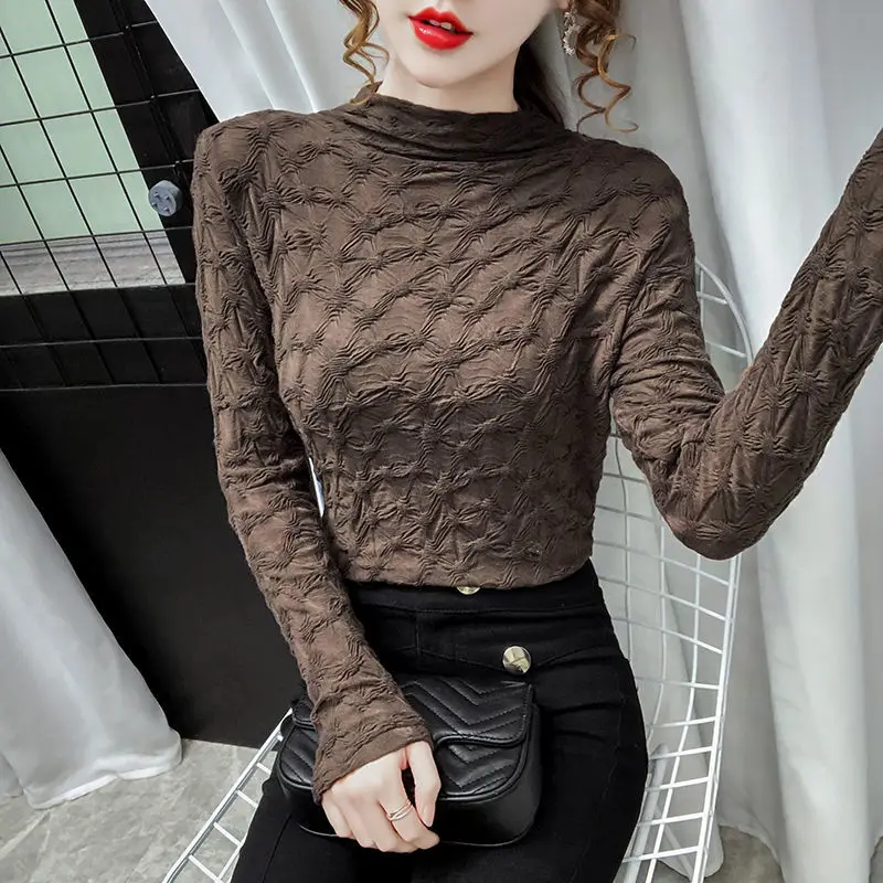 

CocoFlower Semi-turtleneck Women Lace Blouse Slimming Long Sleeve Ruffle Crochet Creased Chiffon Undies