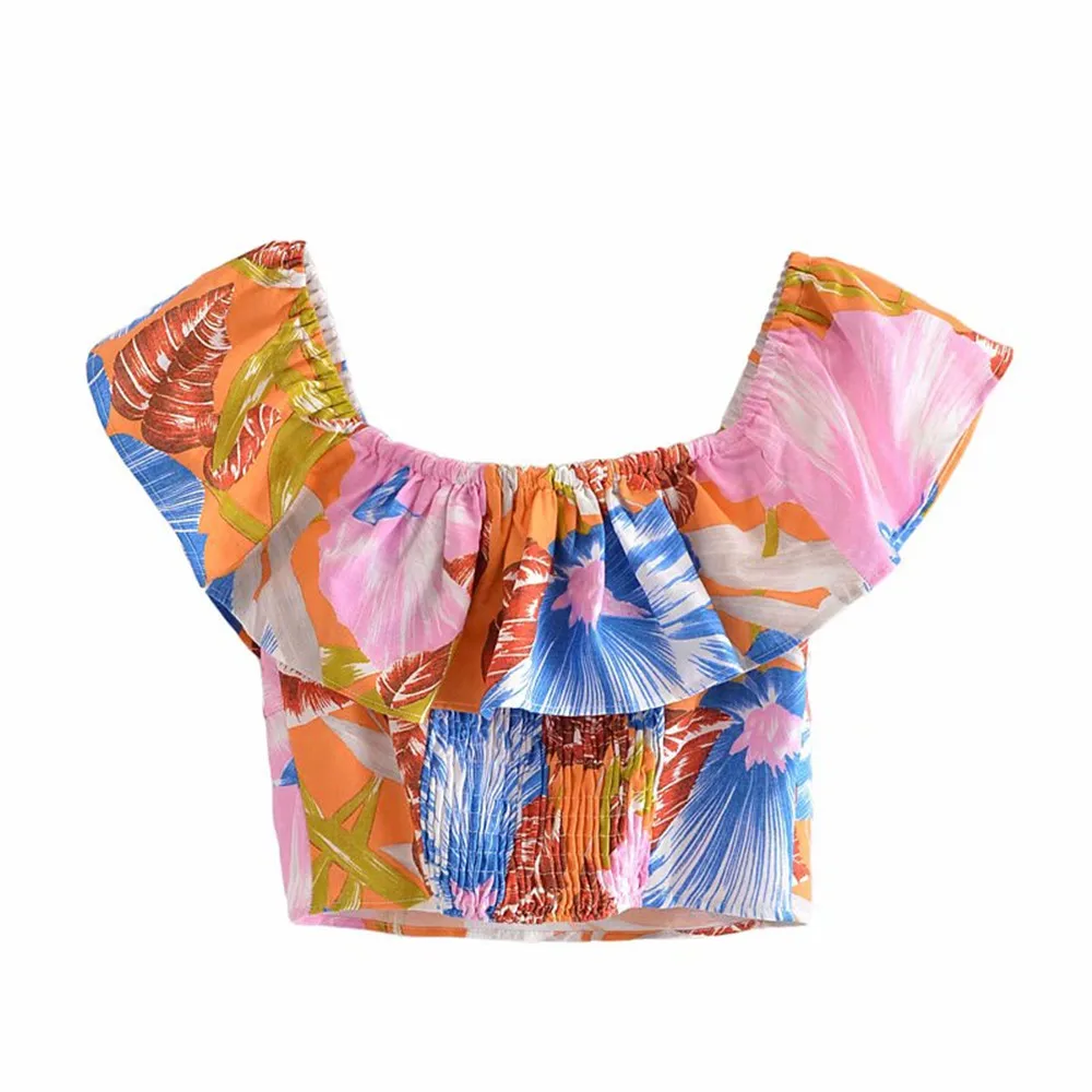 

2021 ZA new versatile women's clothing summer fashion print short flounced ruffled off-shoulder shirt top T-shirt 3402464